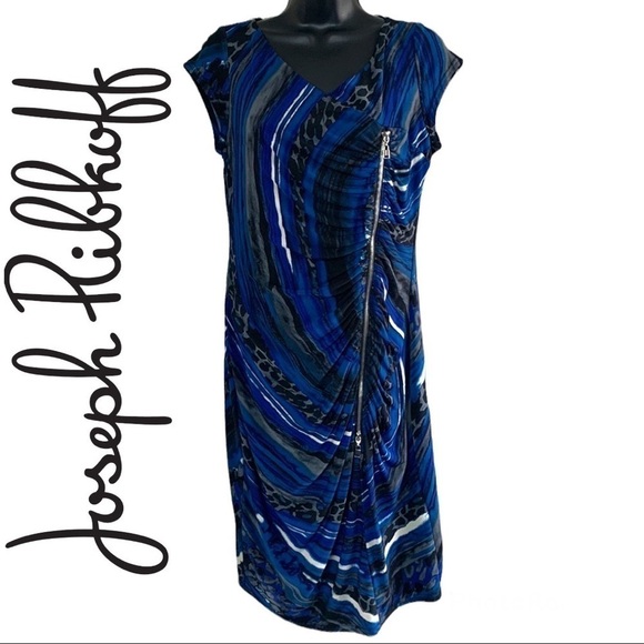 Joseph Ribkoff Blue/Black Printed With Asymmetric Side Ziper Dress Size 10 - Picture 1 of 12